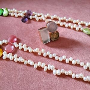 Freshwater Pearl Necklace Long & Semi-Precious Stone Ring Multi Stones NEW